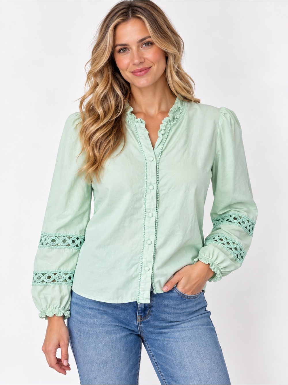 In April 1986 Light Mint Button-Front Lace Sleeve Blouse